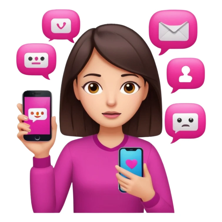 Social media manager. She has dark brown hair, brown eyes, overwhelmed expression, slightly stressed face,a holding a smartphone with notifications piling up. Use vibrant colors with a focus on pink and fuchsia tone sticker