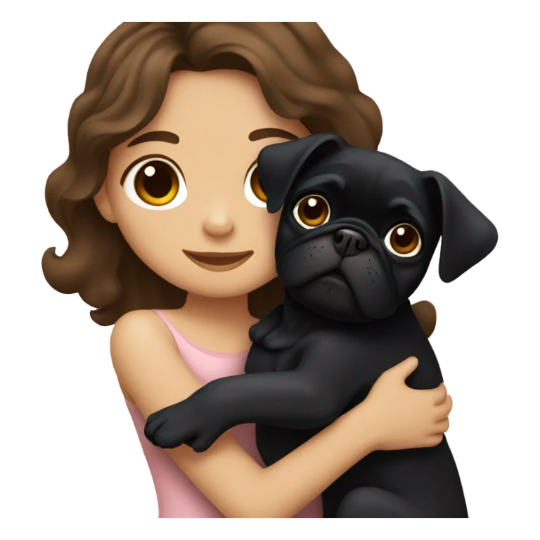 A girl with wavy brown hair hugging a black pug sticker