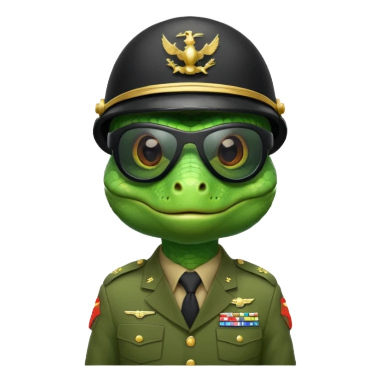 Lizard in military uniform with  black sunglasses and military helmet sticker