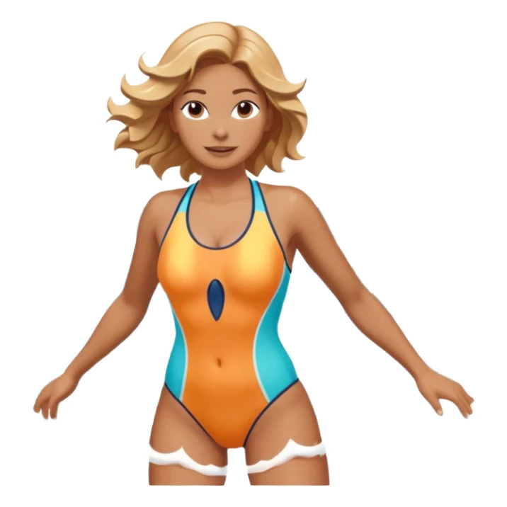 woman standing in the ocean with visible waves around her, medium shot showing upper body and surrounding water, waves clearly rising and splashing, dynamic sea motion, confident expression, 3D cartoon style, mobile game icon style, clean composition, no text, no watermark
  sticker