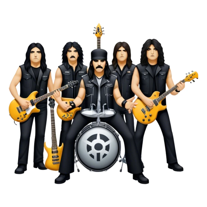 Icon for Heavy Metal: Anthrax live concert with Charlie Benante on drums, Joey Belladonna on vocals, Frank Bello on bass, Jonathan Donais and Scott Ian on guitars. The intense energy of the band is captured with instruments and stage lighting. Transparent background. sticker