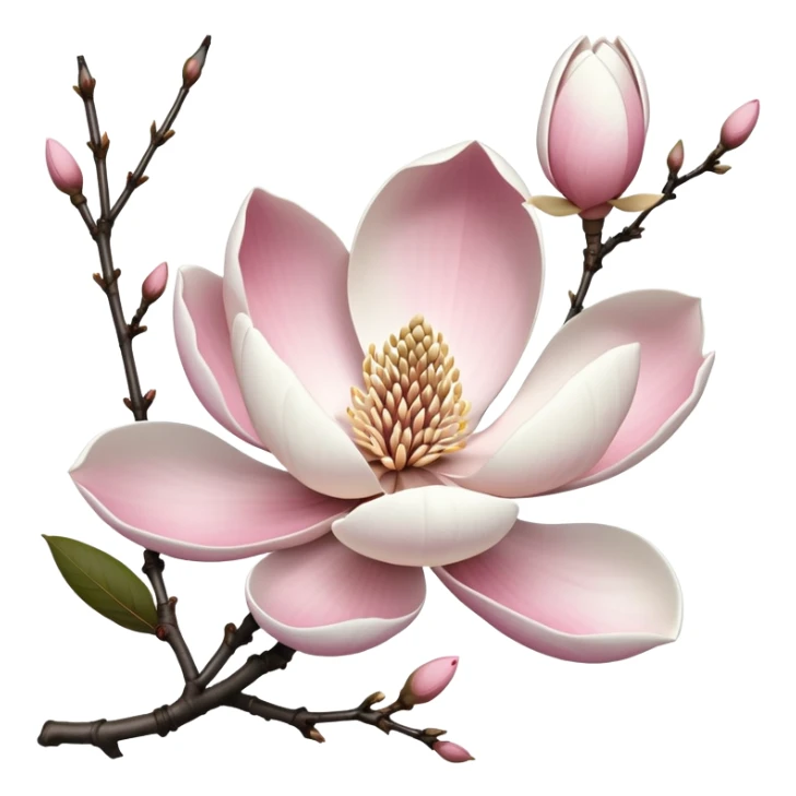 Japanese style Magnolia kobus (kobushi) flower in ukiyo-e inspired design, elegant white petals with subtle pink tinge, bare branches, traditional composition like Japanese woodblock prints sticker
