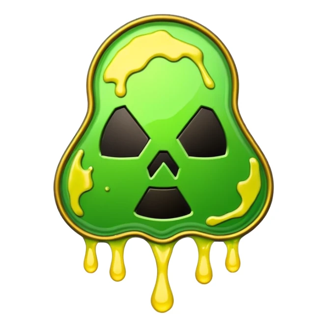 radioactive hazard symbol stylized to look like it is melting. The symbol is bright neon green and toxic yellow, with smooth dripping edges like liquid. sticker