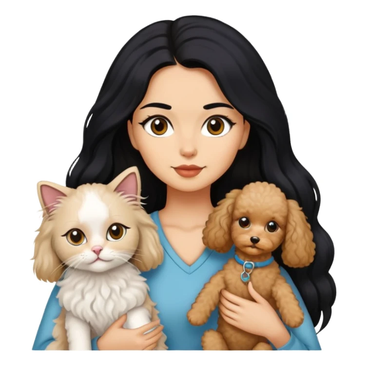 Lady with long black hair, with Ragdoll cat and small poodle  sticker
