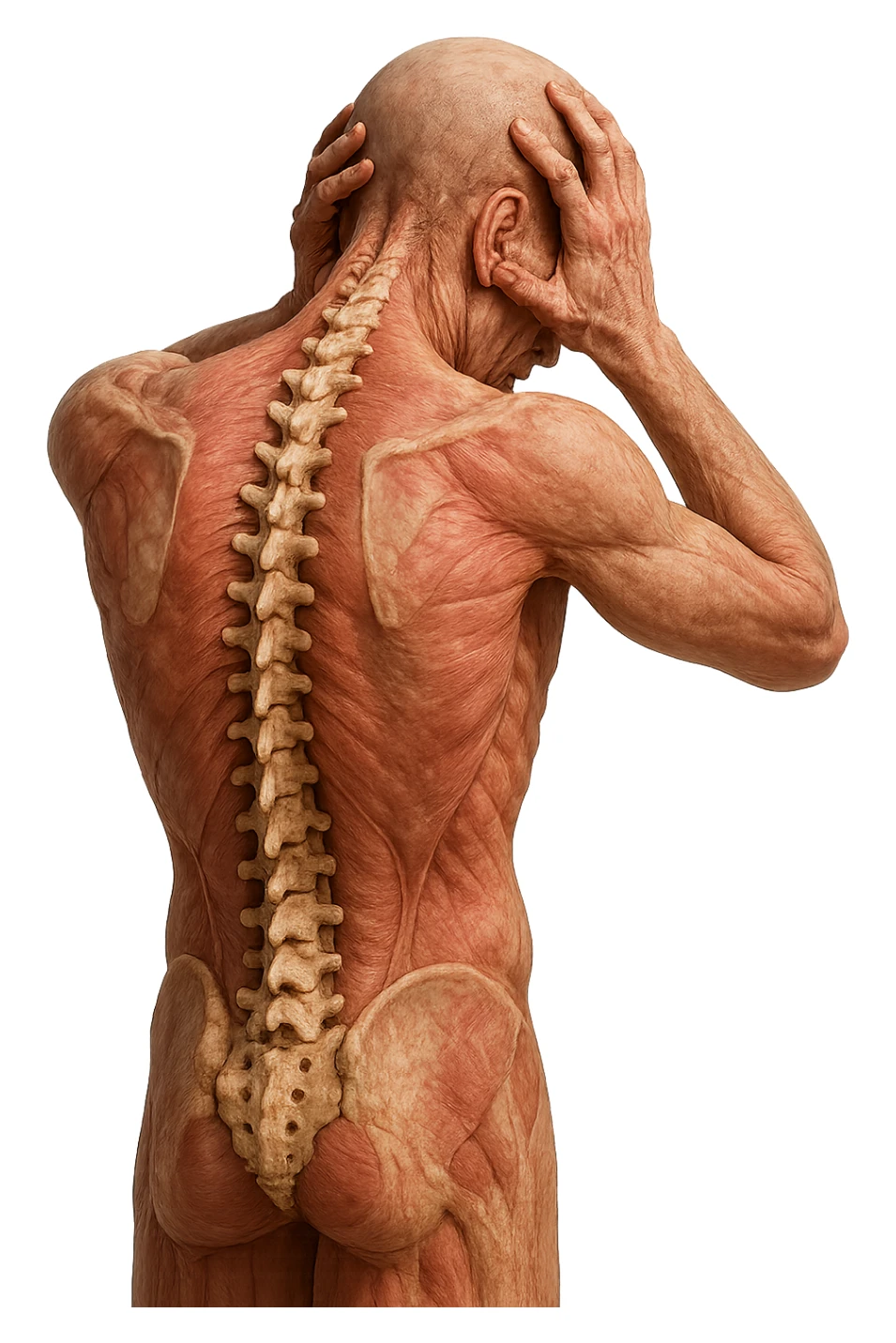 CORPO UMANO ANATOMICO con spina dorsale in evidenza, molto stanca e stressata mentre si tiene le mani sulla testa, IPERREALISTICO 4K sticker