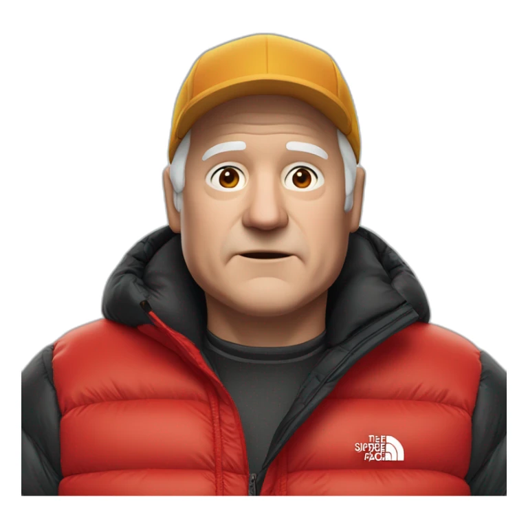 old white man overweight with black and red supreme north face puffy jacket  upper body bust sticker