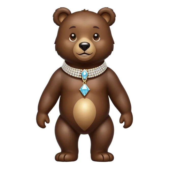 Dark brown bear walking on four paws wearing a luxury diamond-studded collar, shiny gems, minimalist emoji style sticker