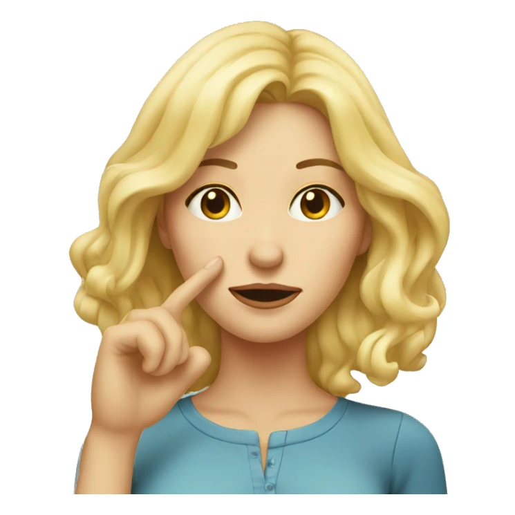 Blond woman from face, levitating fingers touching her nose sticker