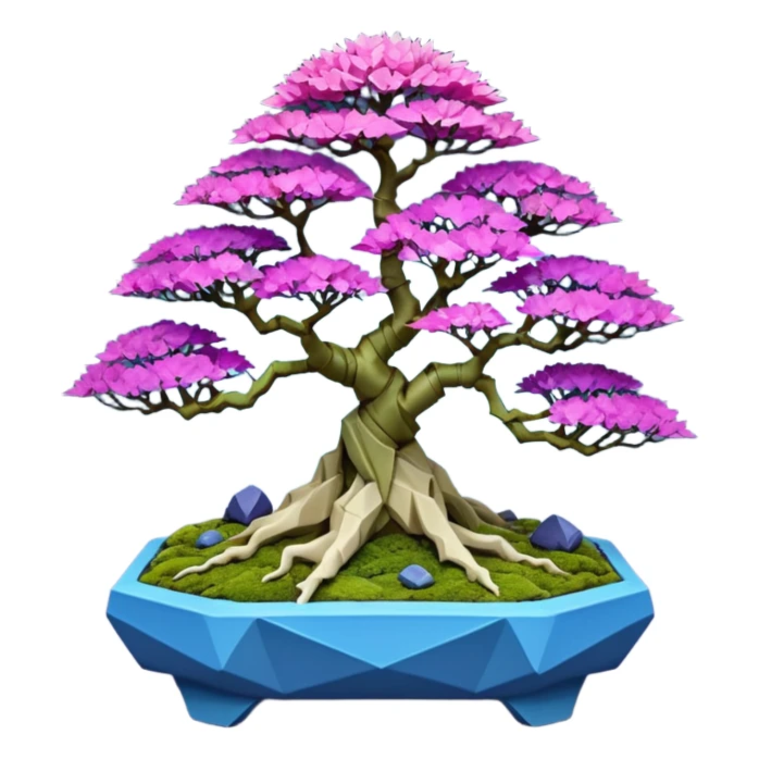 Futuristic wild glowing et alien moss maples Bonsai hair-fine-leaf group crimson crystal boxwood purple and cream pink blue informal rocky cliffhanger eight tree forest planting in shallow origami slab style pot with big feet  sticker