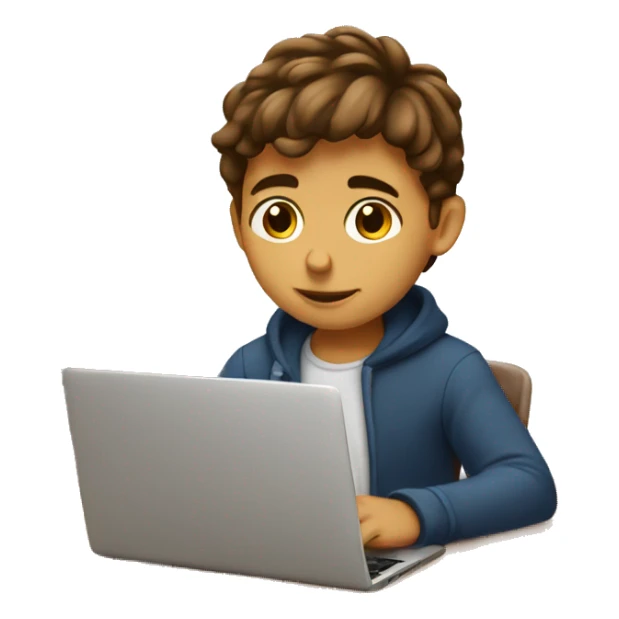 Boy with brown hair on laptop doing homework sticker