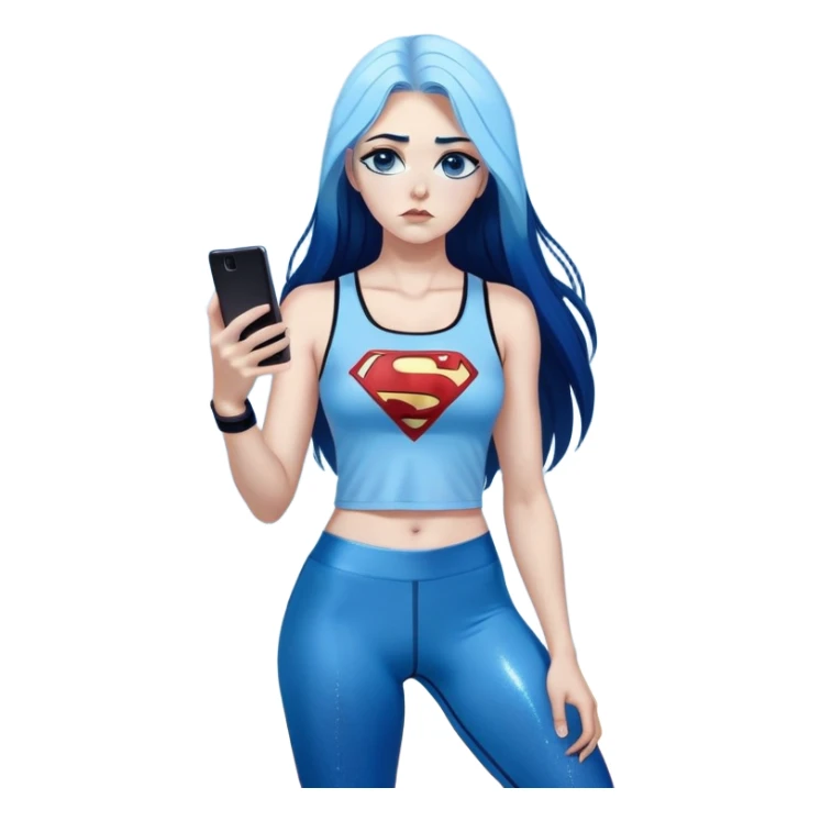 Shameful disappointed crying-very very very very big chest-texting on a samsung cell phone-very long straight flowing black to sky blue hair ombre-blue eyes-black eyeliner-long eyelashes-plastic sparkling sky blue very low cut tank top with sparkling superman logo-black leggings-nike sneakers sticker
