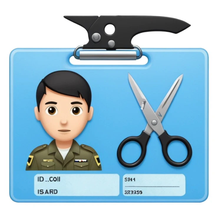 black Scissors cutting a light blue idf soldier ID card in 2 parts .hyper realistic sticker