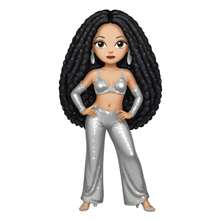 Diana Ross with long black hair, silver sequin bra, silver sequin baggy pants sticker