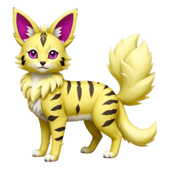Neon-green, magenta-eyed soft natural realistic romantic vintage antique divine beautiful elegant pretty precious cute young youthful  Fakémon-Pokémon-feline-Zeraora-Jolteon-serval-caracal-chinchilla-Minccino-Cinccino-Meowstic-rodent-hybrid-creature (full body) sticker
