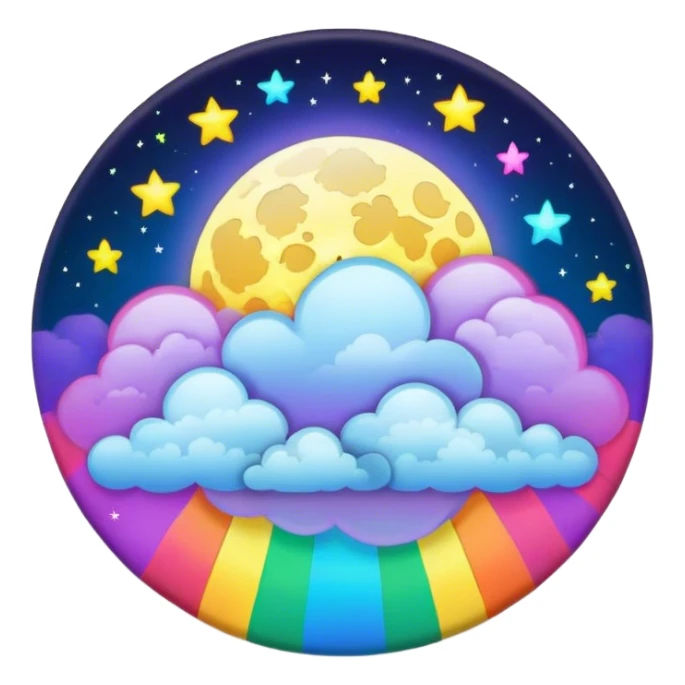 Beveled button with Neon rainbow colored damask style full moon with stars and clouds in the center sticker