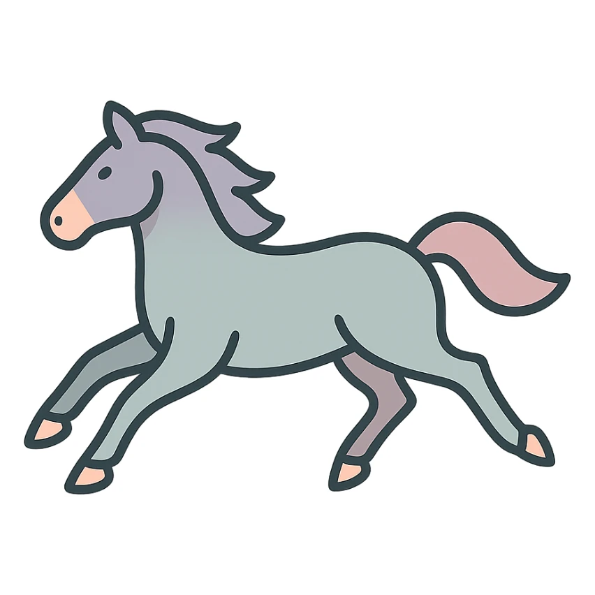Chinese eastern style horse in pastel palette #98B5BC, #B5B3C1, #C9A3C9, #E4C0CA, #F7DCD1, #F7C0AA, thin clean outlines, soft rounded shapes, detailed shadows and highlights, soft lighting, transparent background, less cute, no decor, horse galloping with legs stretched forward and backward sticker