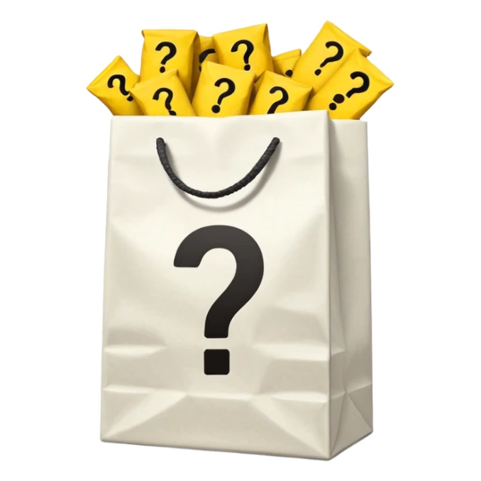 crumbled white goodie bag with yellow questions mark boxes stuffed in it sticker