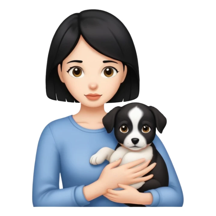 black haired woman holding a puppy sticker