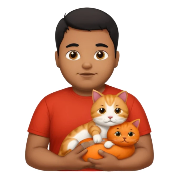 Indian black chubby guy with black hair in red t-shit with orange cat sticker