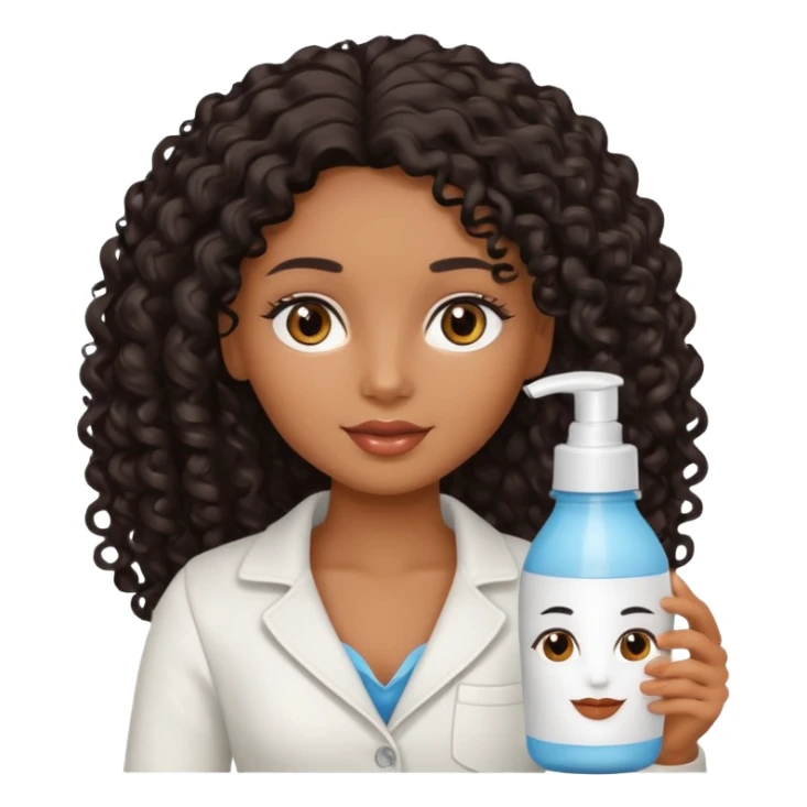 Uma boneca morena com olhos castanhos e cabelo cacheado longo preto, com creme de pentear na mão da Salon line sticker