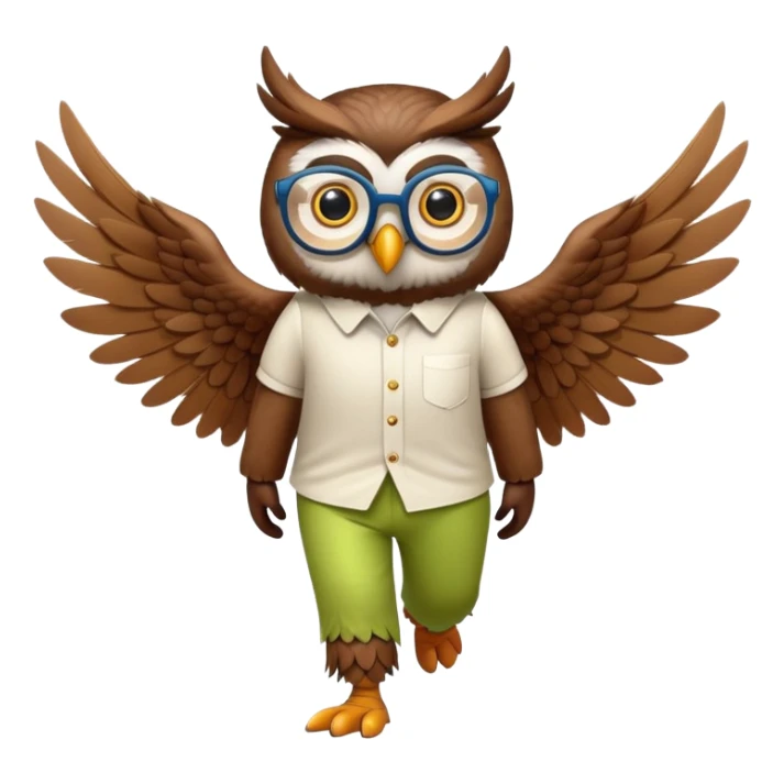 friendly anthropomorphised night owl with wings instead of arms, colourful pants and shirt, wearing glasses, walking upright, night owl features and colours, unique pose 2 sticker