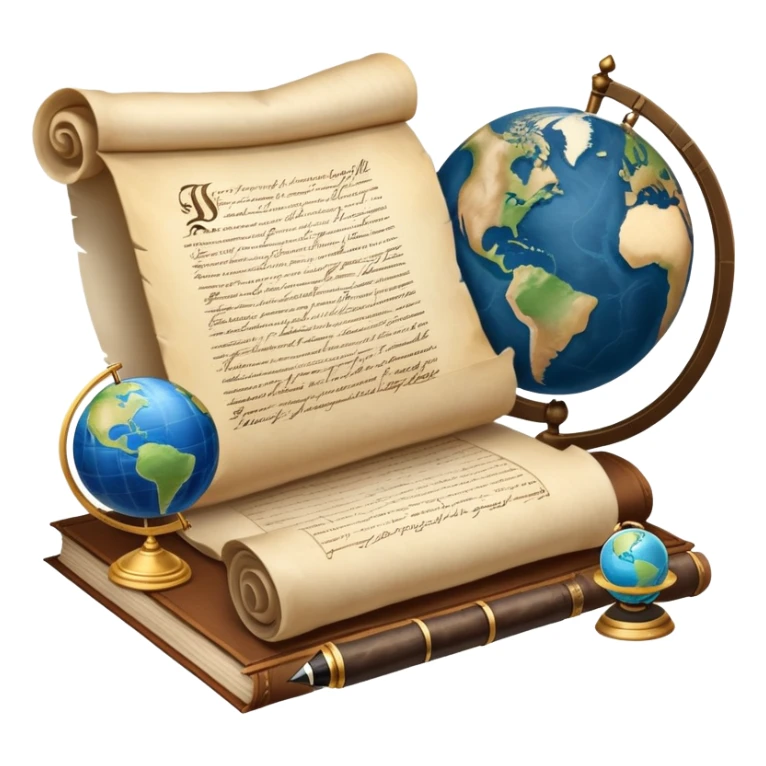 An icon featuring an ancient scroll, a quill pen, and a globe, symbolizing the study of history. The design includes a timeline with significant historical events, with ruins in the background to evoke past civilizations. Transparent background emphasizes the exploration of human history sticker