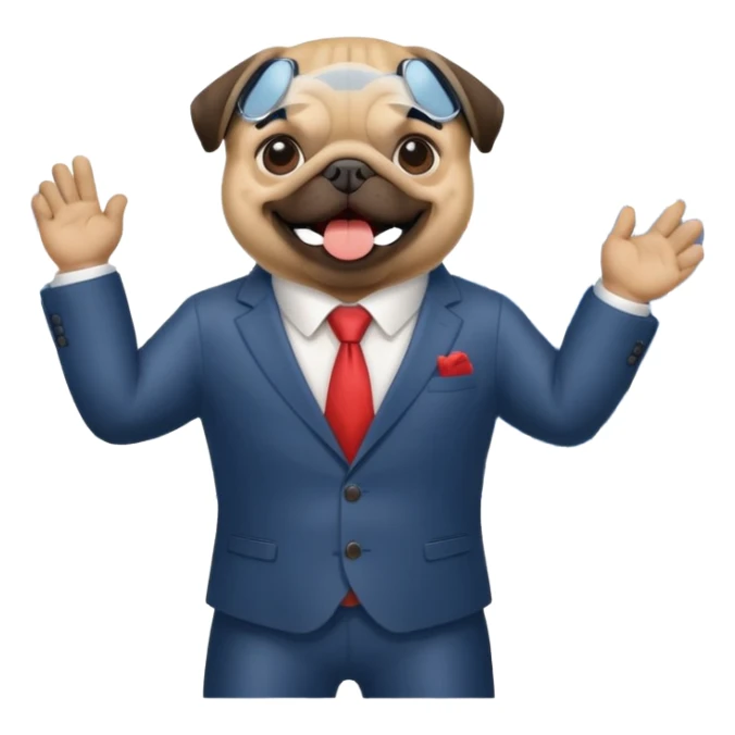 A pug in a suit in front of a stock chart with a rising trend sticker