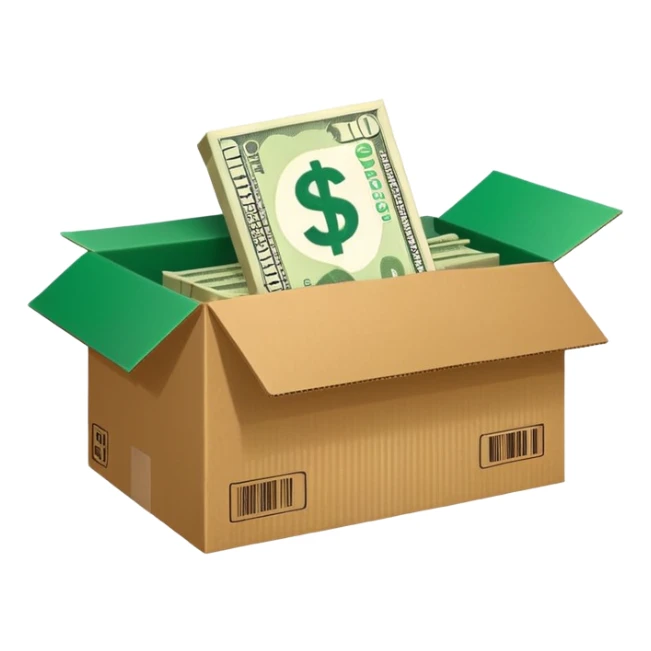 shipping box with a flat cash bill on the side of it sticker