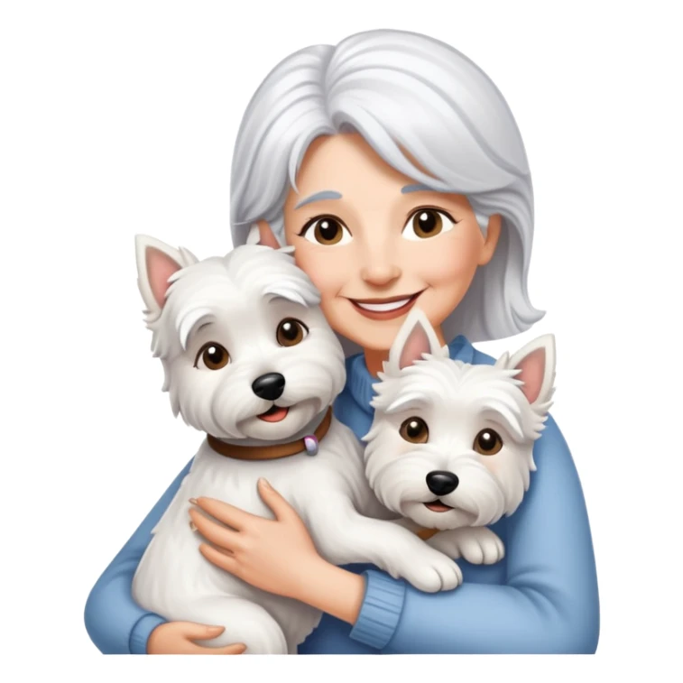 One silver-haired 60-ish lady smiling and hugging ONE westie dog sticker