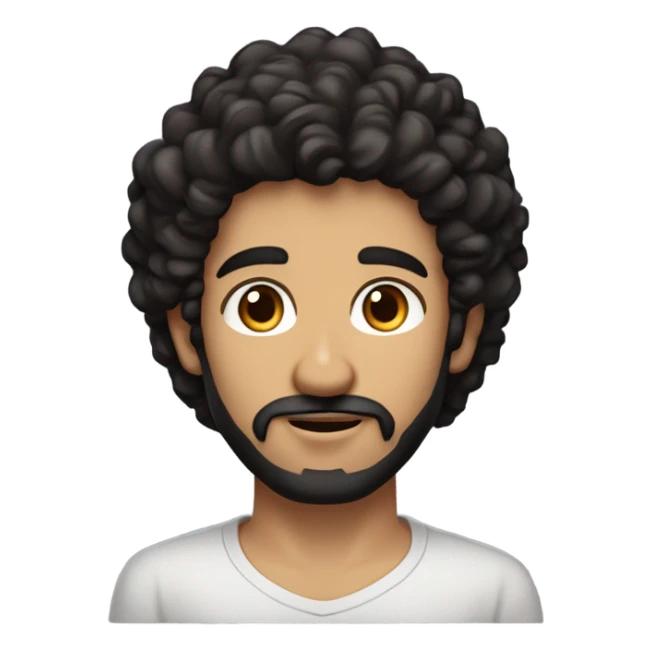 A man, brown-black eyes, dark beard stubble, dark-black curly hair with a low taper haircut, medium-to-big lips, round-like nose black shirt, caucasian middle eastern,  defined triangular eyebrows sticker