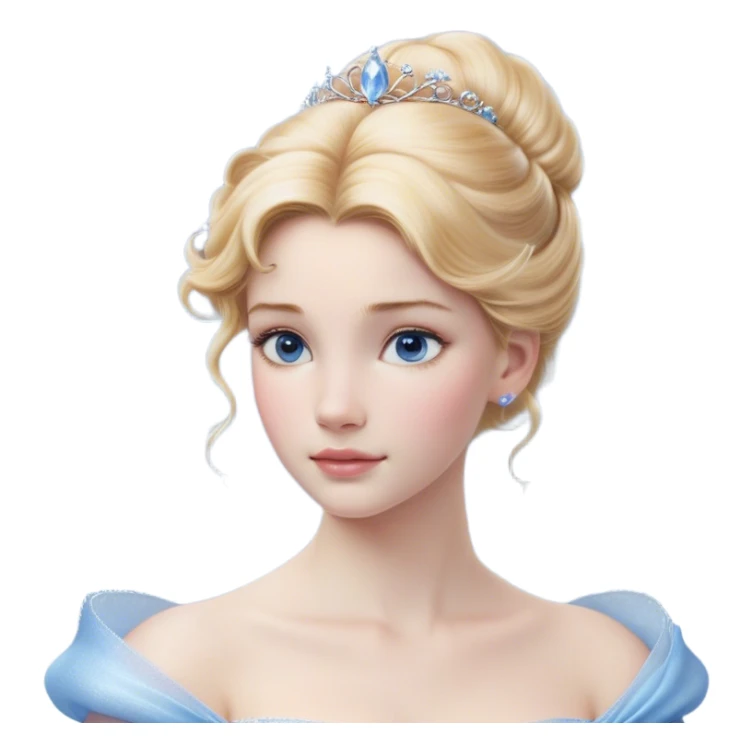 Cinematic Realistic Cinderella Portrait, depicted with lifelike skin texture, subtle rosy undertones, and soft natural lighting that enhances the gentle contours of her face. Her intricately detailed golden blonde hair is elegantly styled in an updo, with delicate wisps framing her face. Her deep, expressive blue eyes radiate warmth and sincerity, reflecting a quiet resilience and grace. She holds a glass slipper gently in one hand, her other hand resting gracefully at her side, emphasizing the timeless beauty of the moment. She is dressed in her iconic ball gown, the fabric shimmering with intricate embroidery and fine translucent layers that catch the light beautifully. The soft sheen of satin gloves adds a magical touch to her graceful pose. The portrait features an enchanting glow with a natural, luminous finish, seamlessly blending realism and fairytale charm to evoke a sense of depth, elegance, and timeless beauty. sticker