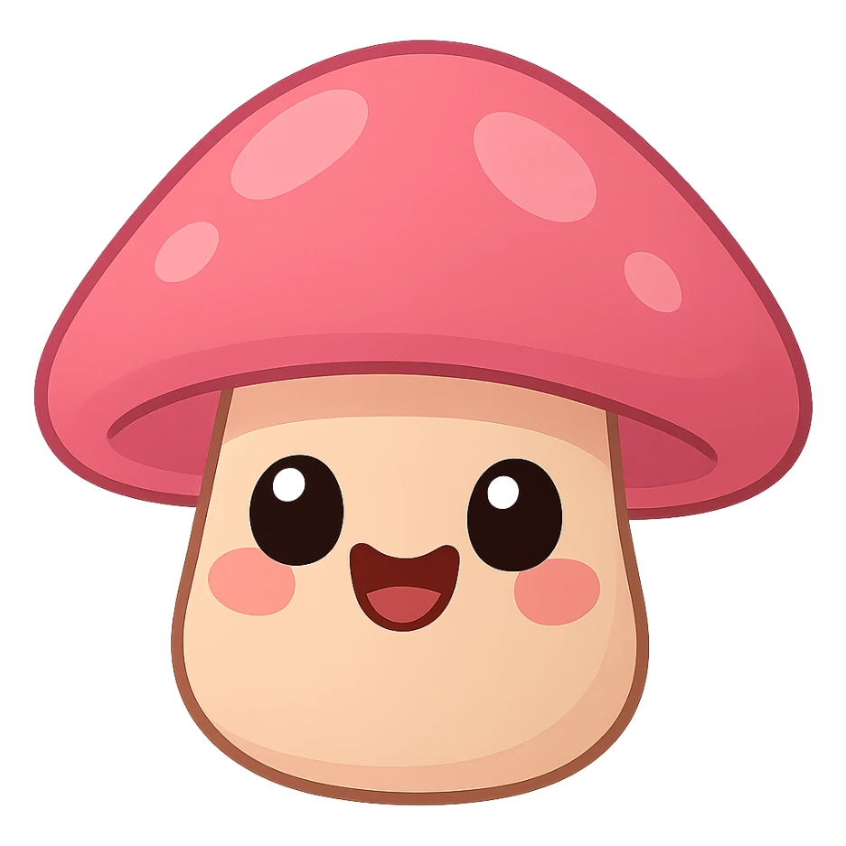 a cute pink mushroom, original design, big eyes, blushing cheeks, joyful sticker