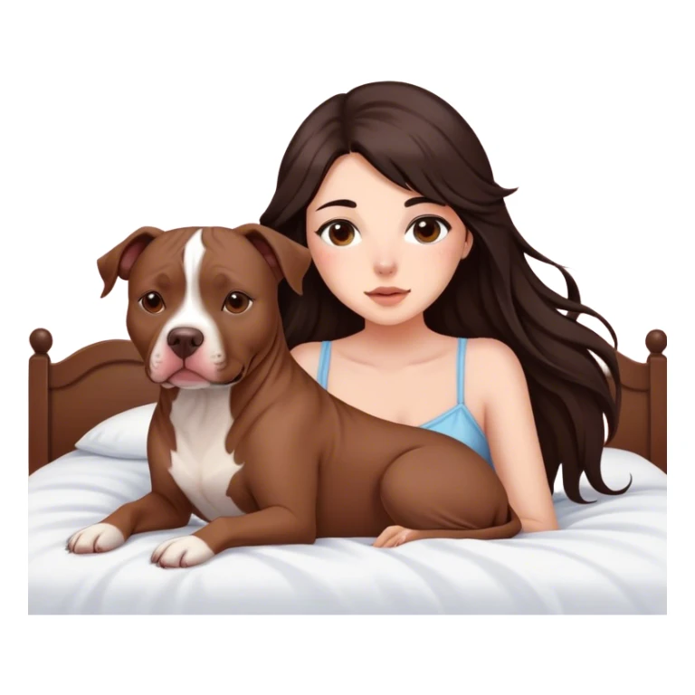 A pretty girl with long dark hair feathered   cascading down her face sits on the bed with her brown pit bull  laying beside of her heart is flying all around sticker