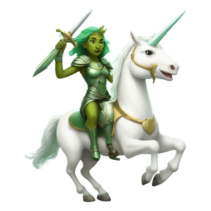 a green Amazon alien woman on a white unicorn holding a sword and shield sticker