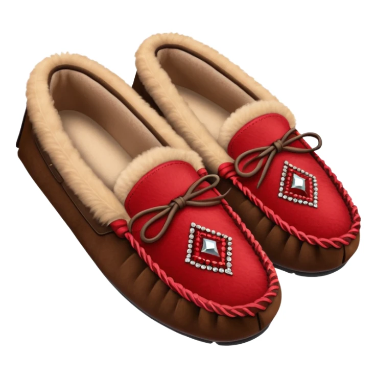 dark brown moccasins with red stiched diamond design and fluffy fur sticker