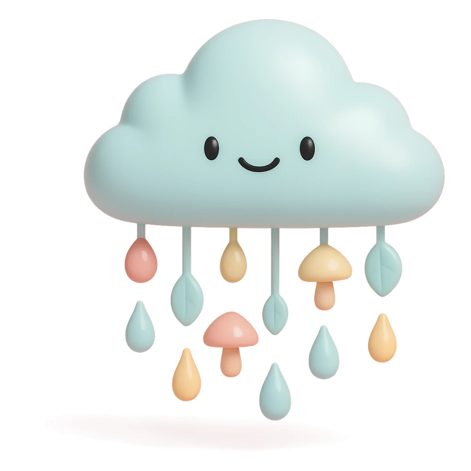 cloud raining tiny leaves and mushrooms, whimsical rain, pastel tones, vinyl figure style sticker
