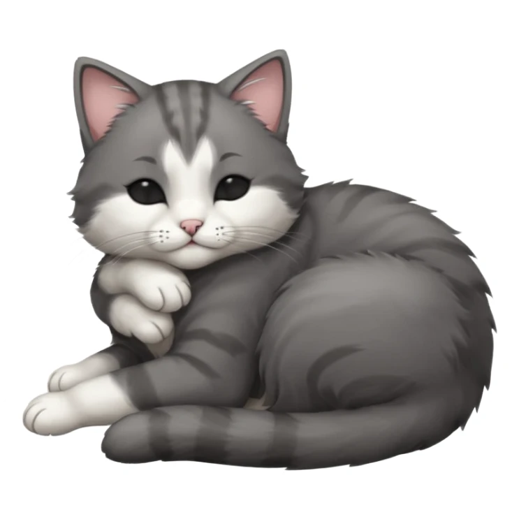 dark grey and white small cat with his eyes closed, leaning his head on his paw while leaning on his elbow lying down sticker