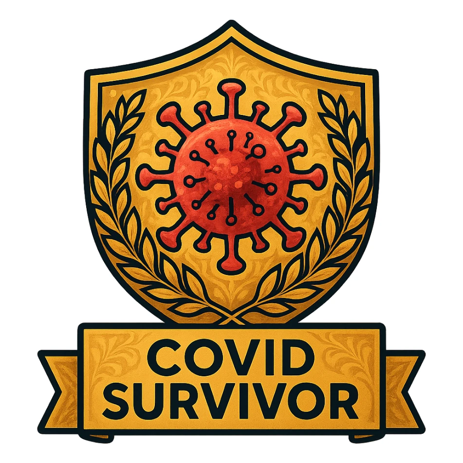 Make the badge more detailed: add intricate patterns to the shield, a more realistic virus symbol, subtle gradients, and a gold laurel wreath around the edge. Keep the celebratory style and 'COVID Survivor' text. sticker
