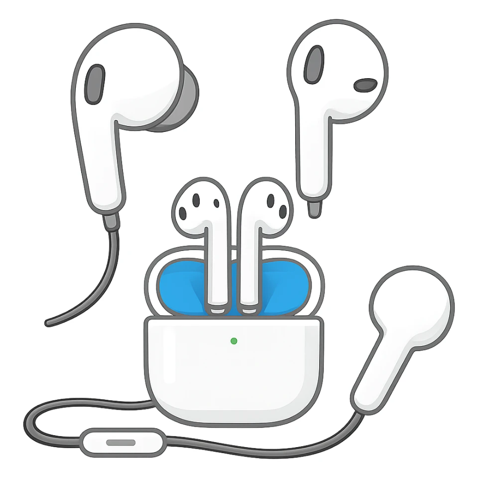 EarPods headphones in emoji style, different angles, white sticker