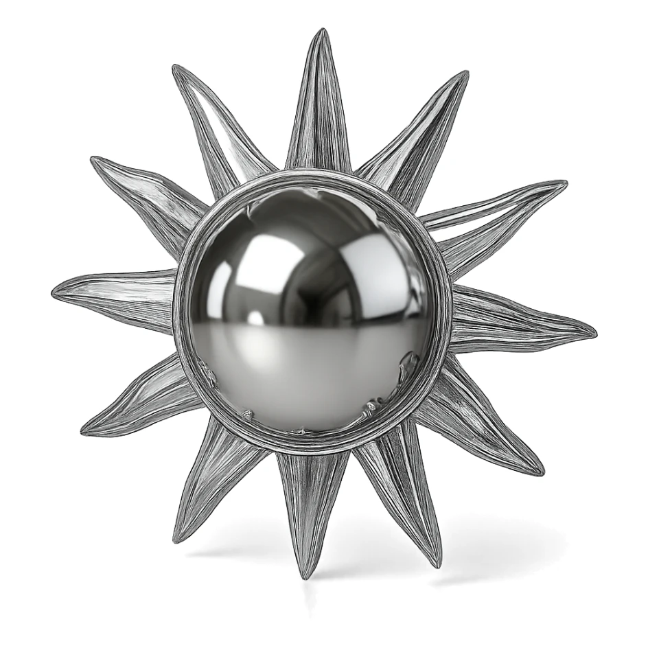 chrome style sun with radiant metallic rays, highly reflective and polished sticker