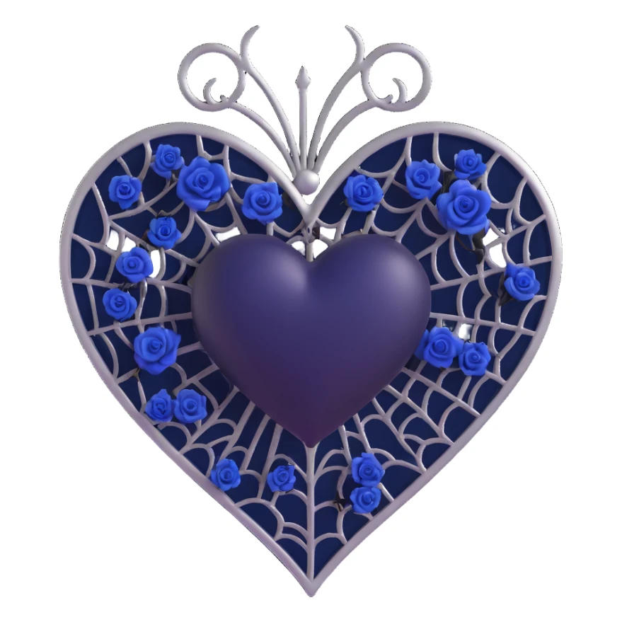 3D emoji gothic heart, midnight blue glass texture, silver spiderweb pattern, tiny black roses, mysterious and rich style sticker