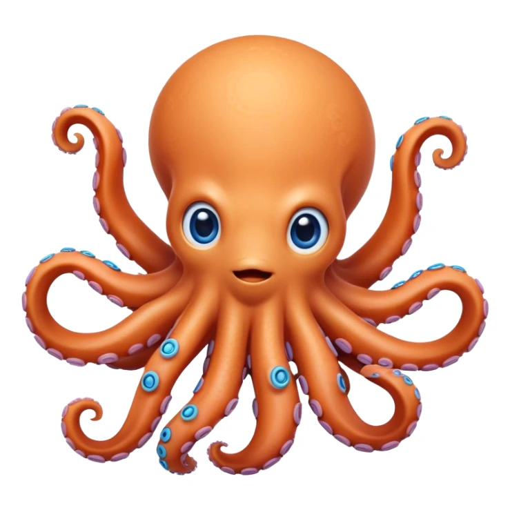 Cinematic Cute Octopus Portrait Emoji, Head tilted playfully and inquisitively, featuring a rounded, light orange body embellished with playful blue rings, eight adorably curling arms, and big, twinkling eyes full of wonder, Simplified yet irresistibly adorable features, highly detailed, glowing with a warm, inviting underwater glow, high shine, affectionate and lively, stylized with a touch of whimsical cartoon charm, soft glowing outline, capturing the essence of a mischievous yet loving octopus that seems as if it could bob out of the screen into your arms! sticker