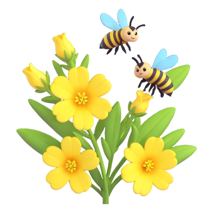 evening primrose and bee, 3D iOS style, harmony of realism and cartoonishness, clean modern background sticker