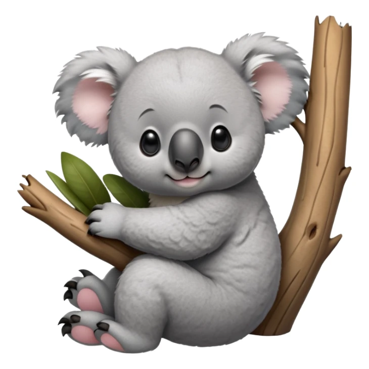 cinematic-koala-realistic-full-body-clinging-emoji,-round-plump-frame-clasped-to-a-gum-tree-branch,-soft-grey-fur-textured-and-fluffy,-oversized-fluffy-ears-twitching-slightly,-dark-expressive-eyes-peering-sleepily,-clawed-paws-gripping-bark-firmly,-simplified-yet-realistic-focused-features,-highly-detailed,-glowing-with-a-gentle-warmth sticker