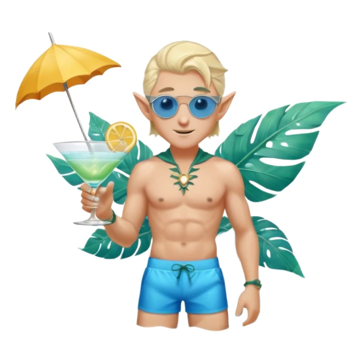 elf male legolas in stylish blue swim trunks, palm extended over cocktail glass, conjuring swirling frost and mist to chill it, silver aviator sunglasses, pointy ears, confident smirk, minimalist beach bar backdrop, centered emoji, summer magic sticker