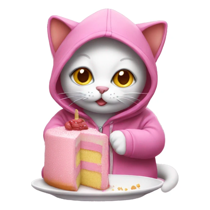 pink cat with hoodie eating cake sticker