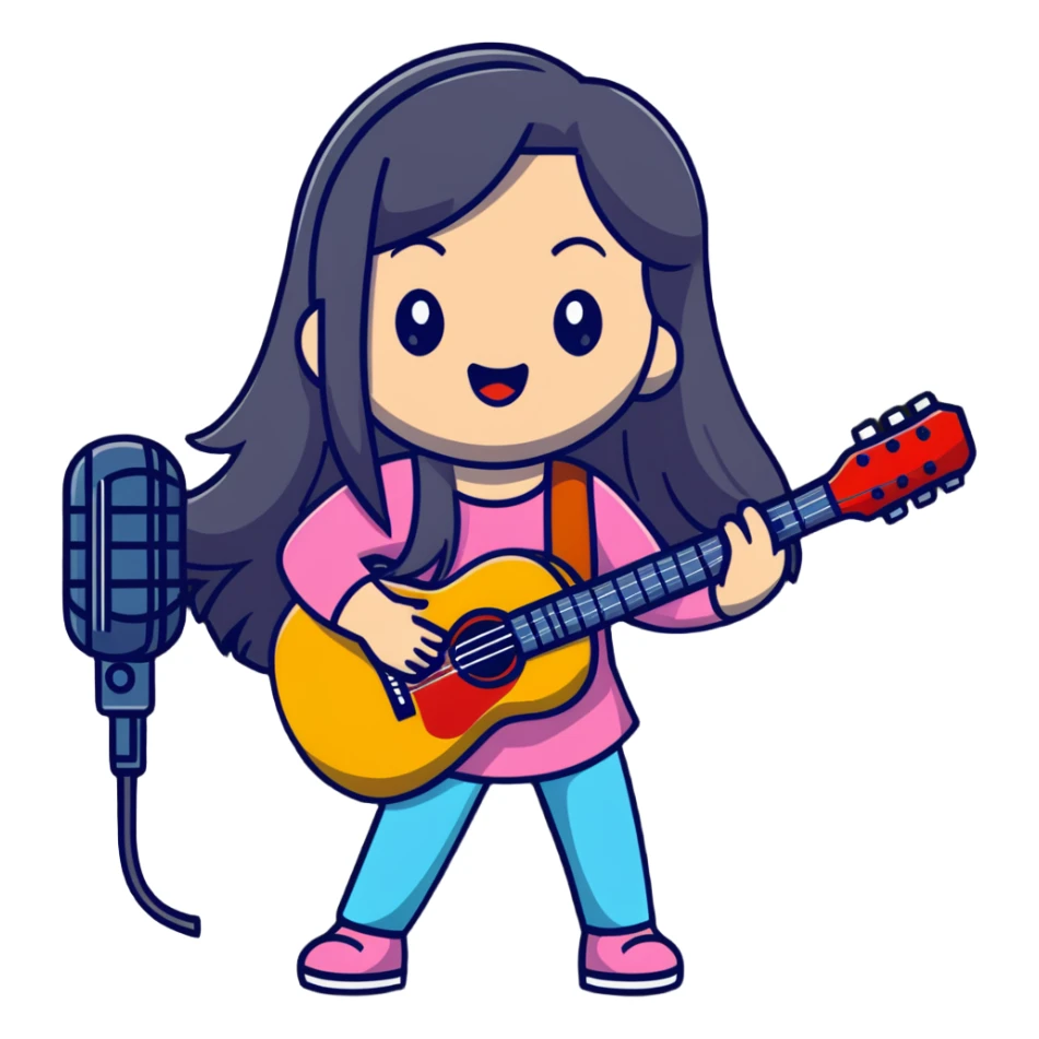 girl with long straight hair singing with microphone and guitar sticker