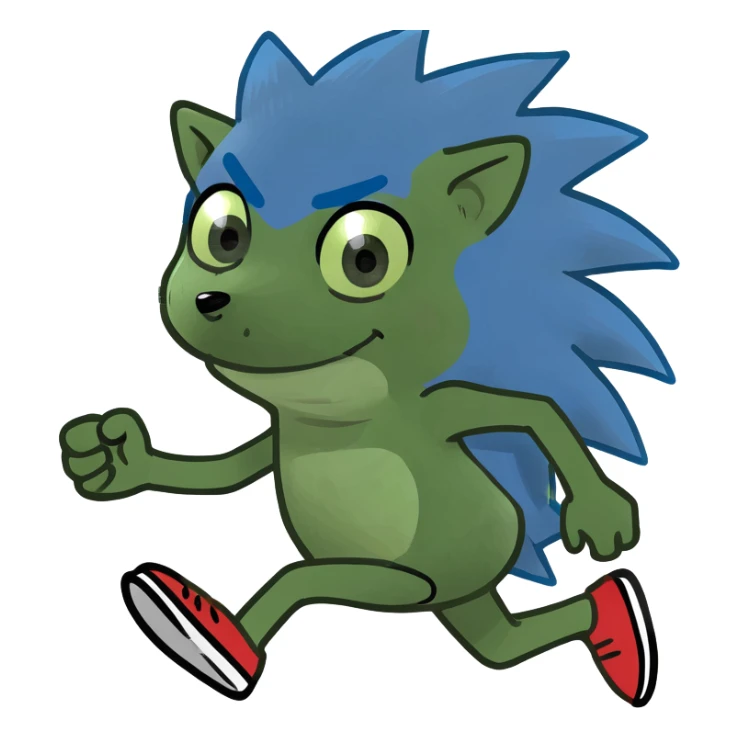 Sanic the Hedgehog, running pose, blue spiky hair, meme style sticker
