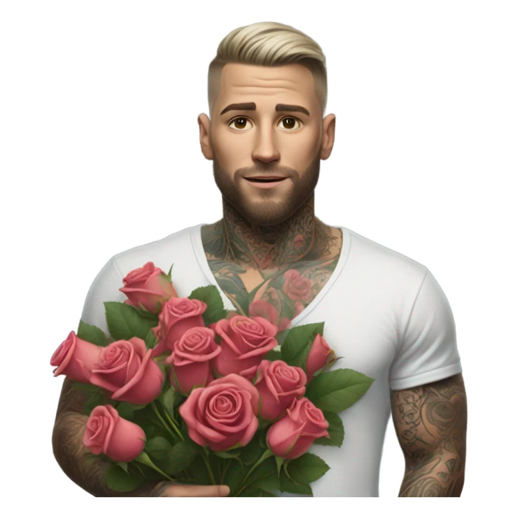 Hyper Realistic handsome tattooed man holding a bouquet of roses sticker