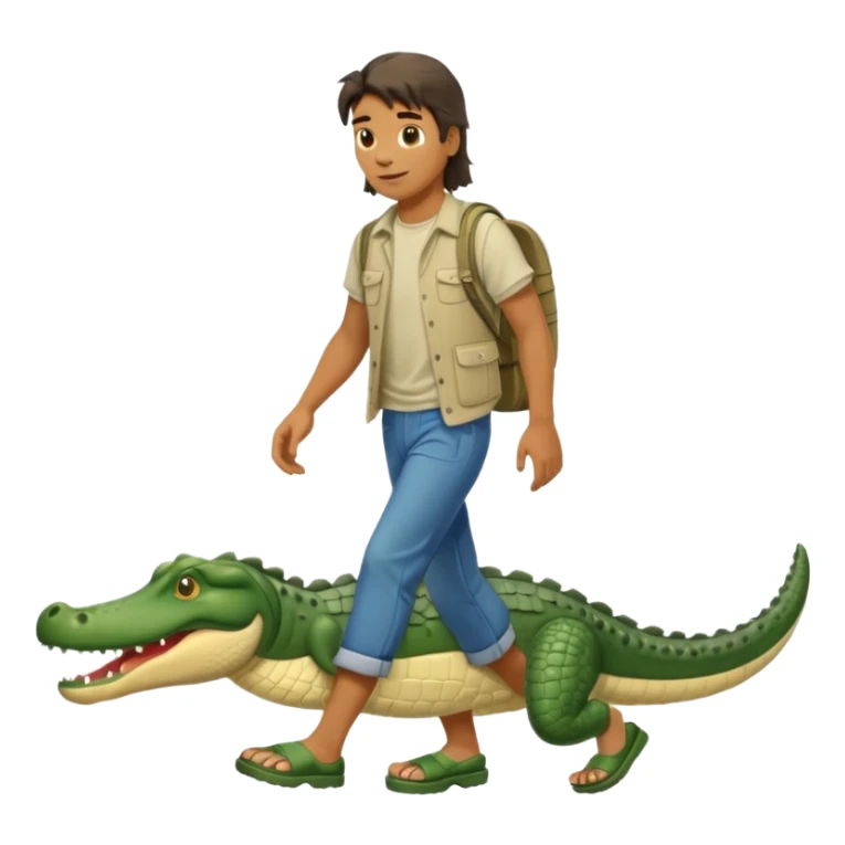 Man with a mullet wearing crocs walking an aligator sticker